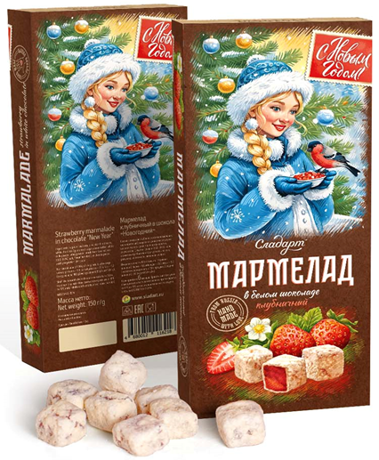 №1 Сладарт(11621) Мармелад Новогодний "Снегурочка" Клубничный в белом шоколаде, 150г   в Междуреченске